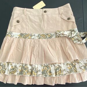 Beige Linen A-Line Skirt with Ruffled Tiers and Vintage Floral Accents